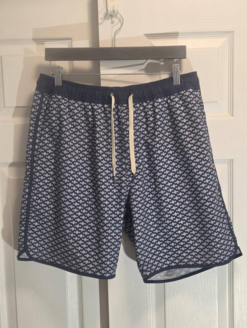 Fair Harbor Swim Trunks Suit Navy & White Geometric - Large, Like New, 8" Inseam